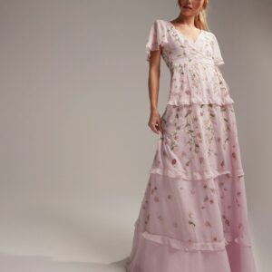 ASOS DESIGN Bridesmaid flutter sleeve embellished wrap maxi dress with embroidery in light pink-Purple