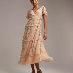 ASOS DESIGN Bridesmaid flutter sleeve embellished wrap midi dress with embroidery in apricot-Orange