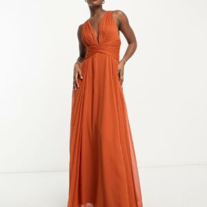 ASOS DESIGN Bridesmaid ruched bodice drape maxi dress with wrap waist in rust-Brown