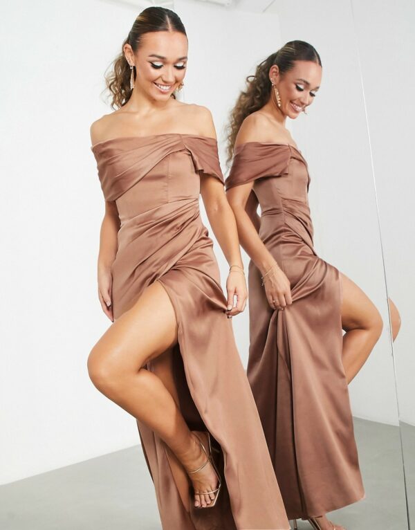 ASOS DESIGN Bridesmaid satin bardot drape wrap maxi dress in cinnamon rose-Pink