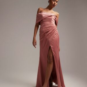 ASOS DESIGN Bridesmaid satin bardot drape wrap maxi dress in dusky rose-Pink