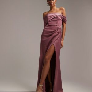 ASOS DESIGN Bridesmaid satin bardot drape wrap maxi dress in orchid-Purple