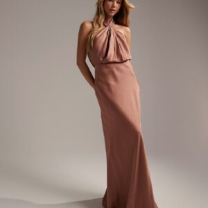 ASOS DESIGN Bridesmaid satin ruched halter neck maxi dress in cinnamon rose-Pink