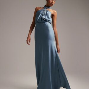 ASOS DESIGN Bridesmaid satin ruched halter neck maxi dress in dusky blue