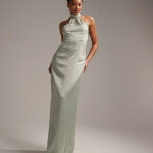 ASOS DESIGN Bridesmaids lace detail halter column maxi dress in sage green