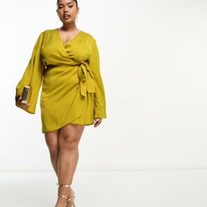 ASOS DESIGN Curve Exclusive satin wrap mini dress with tie waist in gold