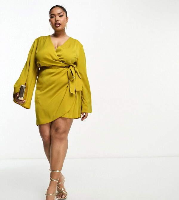 ASOS DESIGN Curve Exclusive satin wrap mini dress with tie waist in gold