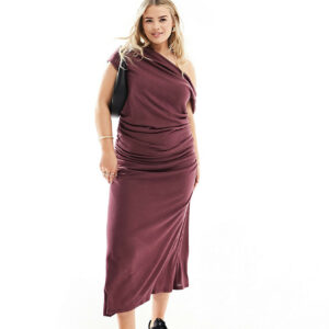 ASOS DESIGN Curve asymmetric neckline ruched supersoft midaxi dress in burgundy-Neutral