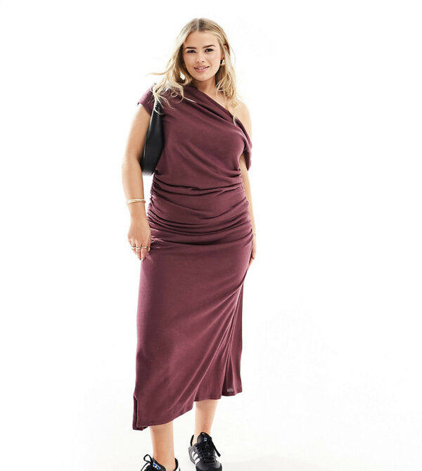 ASOS DESIGN Curve asymmetric neckline ruched supersoft midaxi dress in burgundy-Neutral