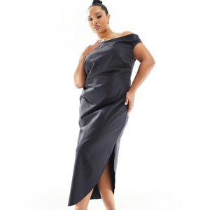 ASOS DESIGN Curve bengaline fallen shoulder midi dress with ruched waist and twist shoulder detail in charcoal-Grey