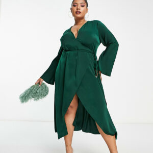 ASOS DESIGN Curve bias cut satin wrap dress with tie waist in forest green