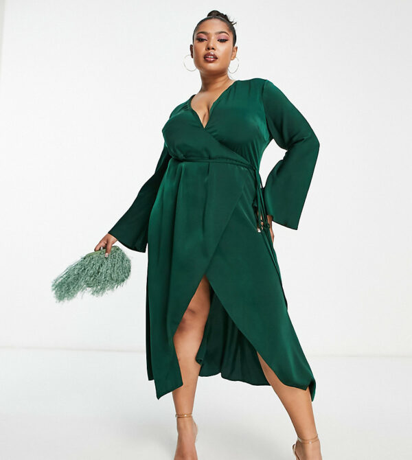 ASOS DESIGN Curve bias cut satin wrap dress with tie waist in forest green