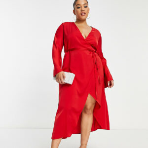 ASOS DESIGN Curve bias cut satin wrap dress with tie waist in red