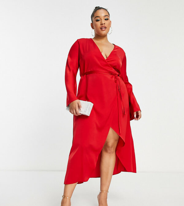 ASOS DESIGN Curve bias cut satin wrap dress with tie waist in red