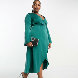 ASOS DESIGN Curve bias cut satin wrap dress with tie waist in teal-Blue