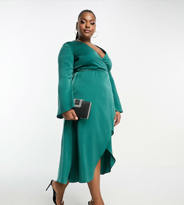 ASOS DESIGN Curve bias cut satin wrap dress with tie waist in teal-Blue