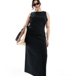 ASOS DESIGN Curve boat neck maxi dress with ruched sides in black