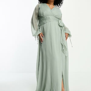 ASOS DESIGN Curve bridesmaid long sleeve ruched maxi dress with wrap skirt in olive-Green