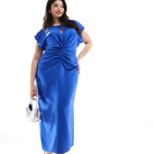 ASOS DESIGN Curve cap sleeve keyhole ruched front midi dress in royal blue