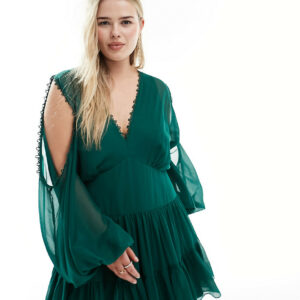 ASOS DESIGN Curve cold shoulder tiered mini dress with lace insert in green