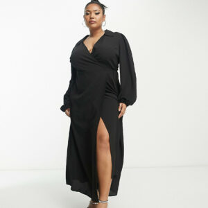 ASOS DESIGN Curve collared wrap midi dress in black