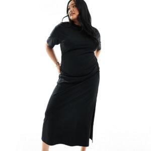 ASOS DESIGN Curve crew neck midaxi t-shirt dress with ruched side in black