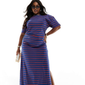 ASOS DESIGN Curve crew neck midaxi t-shirt dress with ruched side in navy and red stripe-Multi