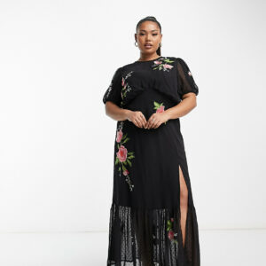 ASOS DESIGN Curve dobby chiffon puff sleeve maxi tea dress with floral embroidery in black