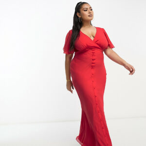 ASOS DESIGN Curve exclusive flutter sleeve midi dress with wrap waist detail in red