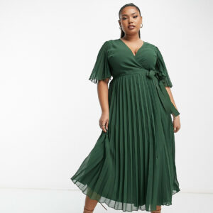 ASOS DESIGN Curve exclusive pleated midi dress with kimono sleeve and tie waist in forest green