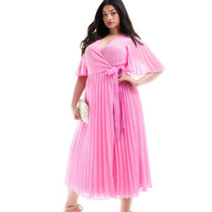 ASOS DESIGN Curve exclusive pleated midi dress with kimono sleeve and tie waist in pink