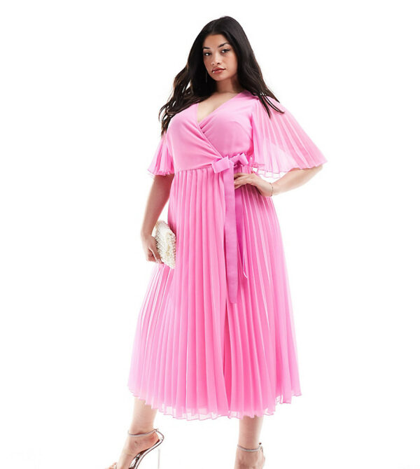 ASOS DESIGN Curve exclusive pleated midi dress with kimono sleeve and tie waist in pink