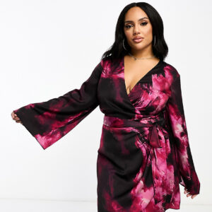 ASOS DESIGN Curve exclusive satin wrap mini dress with tie waist in abstract print-Multi