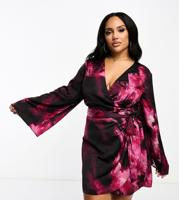 ASOS DESIGN Curve exclusive satin wrap mini dress with tie waist in abstract print-Multi