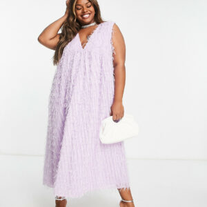 ASOS DESIGN Curve fluffy shoulder pad v neck tiered midi dress in lavender-Purple