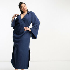 ASOS DESIGN Curve flute sleeve collared wrap midi dress with gathers in blue-Navy