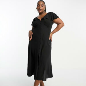 ASOS DESIGN Curve flutter sleeve midi tea dress with buttons in black