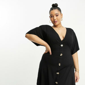 ASOS DESIGN Curve flutter sleeve mini tea dress with buttons in black