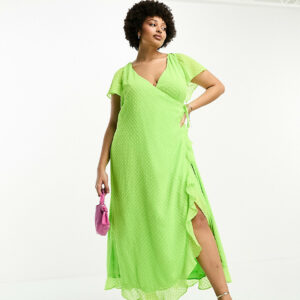 ASOS DESIGN Curve frill detail wrap maxi dress in bright lime dobby-Green