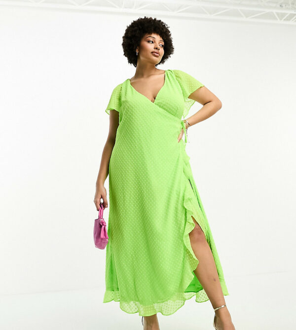 ASOS DESIGN Curve frill detail wrap maxi dress in bright lime dobby-Green