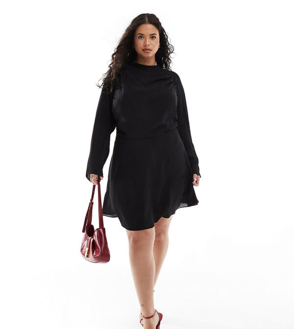 ASOS DESIGN Curve high neck mini tea dress in black