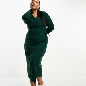 ASOS DESIGN Curve knitted midi dress with wrap front in dark green