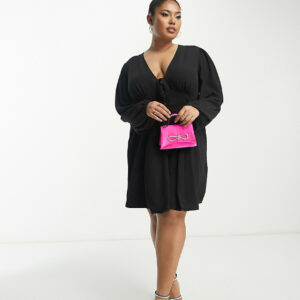 ASOS DESIGN Curve long sleeve tie front mini tea dress with godets in black