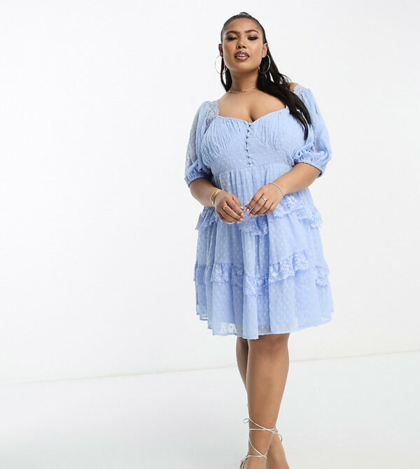 ASOS DESIGN Curve open back lace insert dobby mini tea dress in light blue