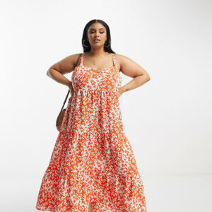 ASOS DESIGN Curve open back tiered hi low hem maxi dress in red floral print-Multi