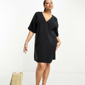 ASOS DESIGN Curve oversized boxy mini dress with wrap collar detail in black