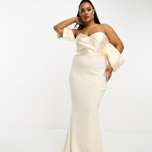 ASOS DESIGN Curve satin bandeau off shoulder bodycon maxi dress with exaggerated sleeves in cream-Neutral