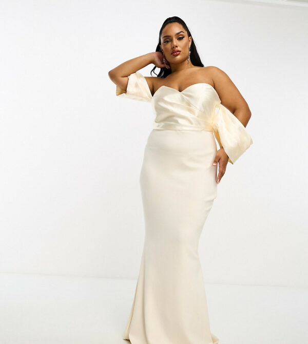 ASOS DESIGN Curve satin bandeau off shoulder bodycon maxi dress with exaggerated sleeves in cream-Neutral