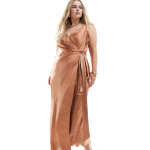 ASOS DESIGN Curve satin cami wrap midaxi dress in brown