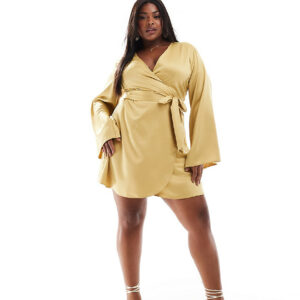 ASOS DESIGN Curve satin long sleeve wrap front mini dress in gold-Green